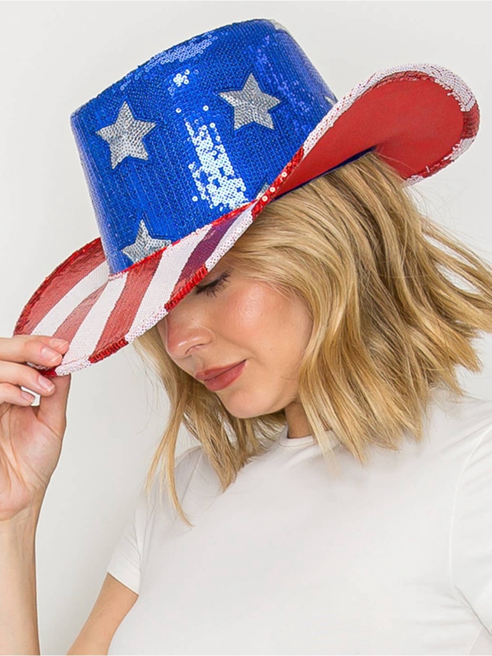 Nu Shuz Red White Blue Silver Sequin Stars & Stripes Patriotic Cowboy Hat
